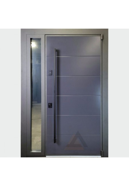 Двухстворчатая входная дверь Двекрон Портал Эмаль RAL 7024 с двойным терморазрывом из оцинкованного металла со стеклопакетом