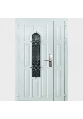 Электронная входная дверь Двекрон Arkano Home Лима белая двухстворчатая с ковкой и стеклопакетом