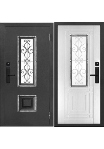 Электронная входная дверь Двекрон Arkano Home Выборг с ковкой и стеклопакетом