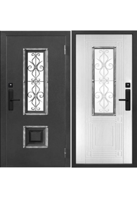 Электронная входная дверь Двекрон Arkano Home Выборг с ковкой и стеклопакетом